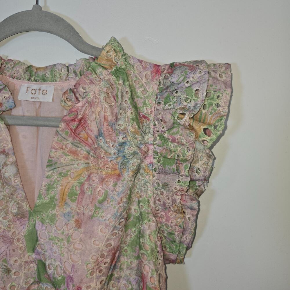 FATE Tiered Floral Dress Pink Sleeveless Eyelet Lined Womens Small V-Neck - Picture 4 of 11